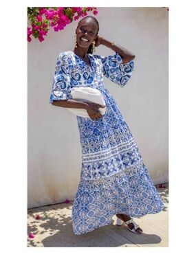 Tuckernuck Majolica Tile Ginger Maxi Dress M Boho Resortwear Euro Summer Coastal